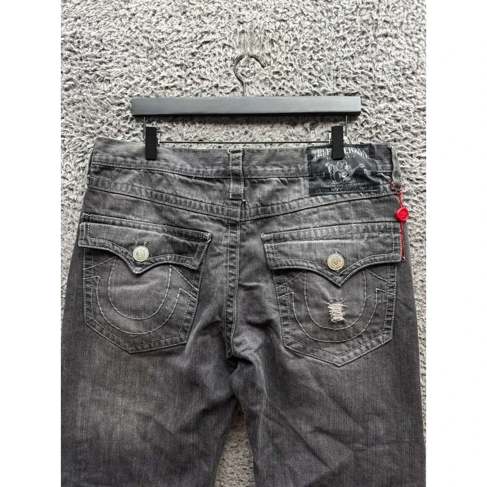 True Religion Ricky Relaxed Straight Distressed Denim Jeans Black Mens Size 38